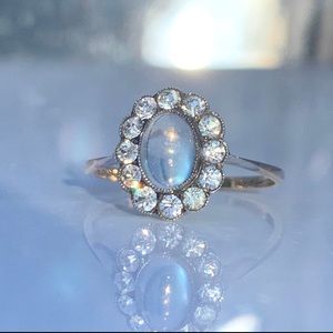 🌙 Antique Moonstone & Paste 9ct Gold/Silver Ring